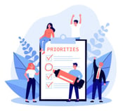 Illustration of human figures celebrating a list of priorities on a clipboard