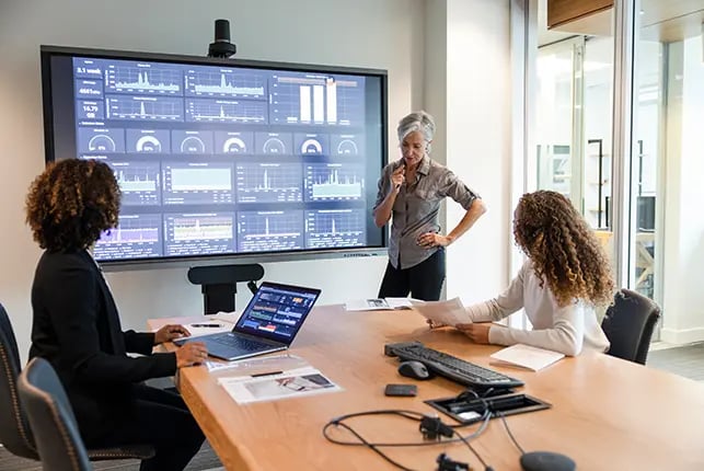 Person delivering a presentation of graphs and data in a conference room