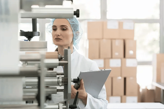 Woman wearing a hairnet and holding a clipboard while inspecting equipment