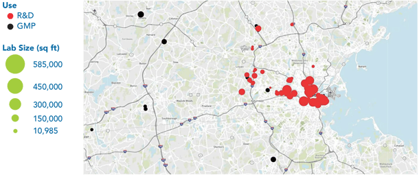 Map of Massachusetts Life Sciences real estate pipeline through 2024.