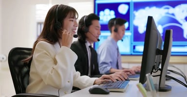 Woman smiling and wearing a headset at a call center