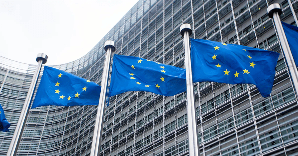 European Union flags outside of EU parliament