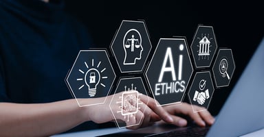 Person typing on laptop with overlays for AI and ethics