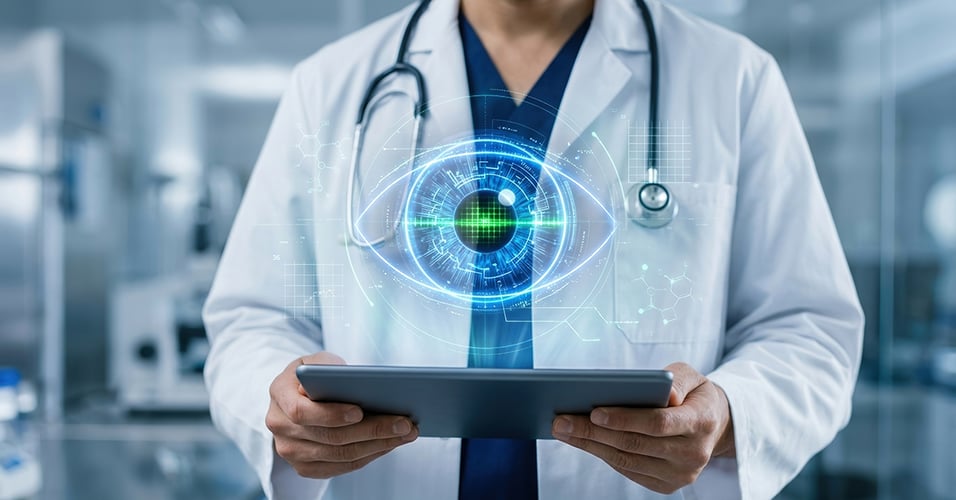 Person holding tablet in a lab while where a lab coat