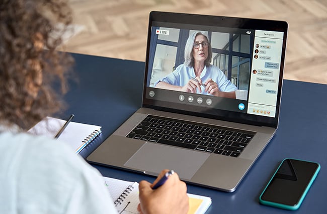 Virtual meeting or webinar on laptop