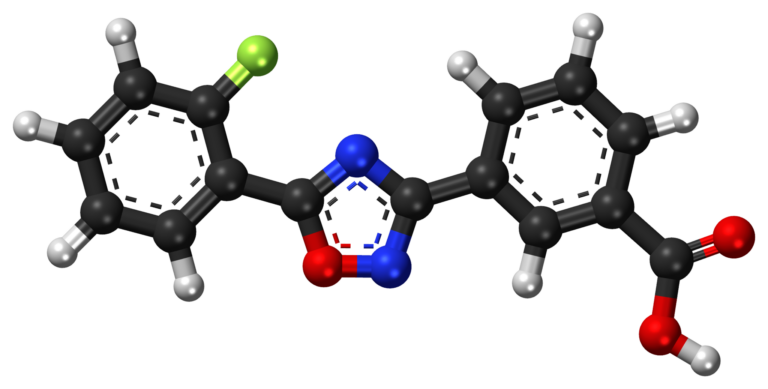 Computer generated illustration of ataluren ball and stick model.