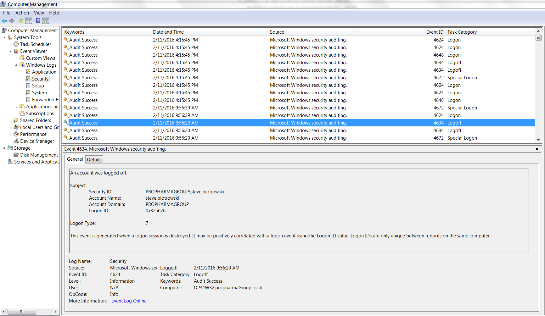 Example of data logged in Microsoft Windows's Event Viewer
