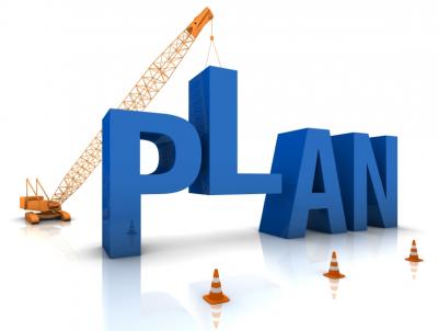 Illustration of a construction crane building the word 'plan.'