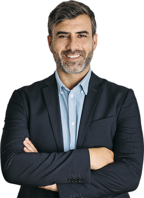 Confident, smiling man standing with arms crossed