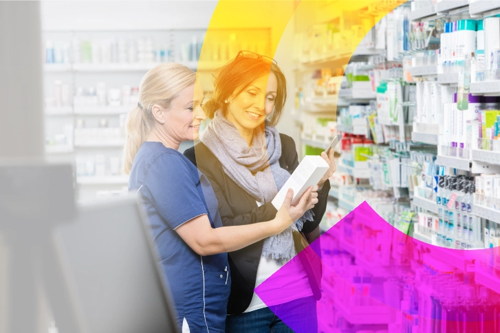 Pharmacist showing prescription product to a patient