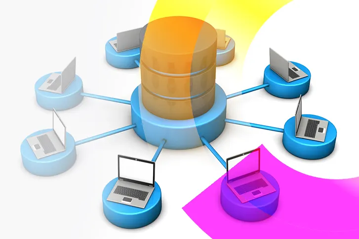 Illustration of many laptop computers connected to one central database.