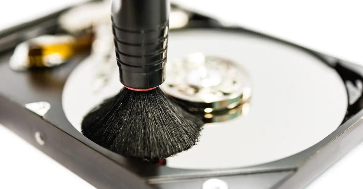 Brush cleaning a hard drive disk platter